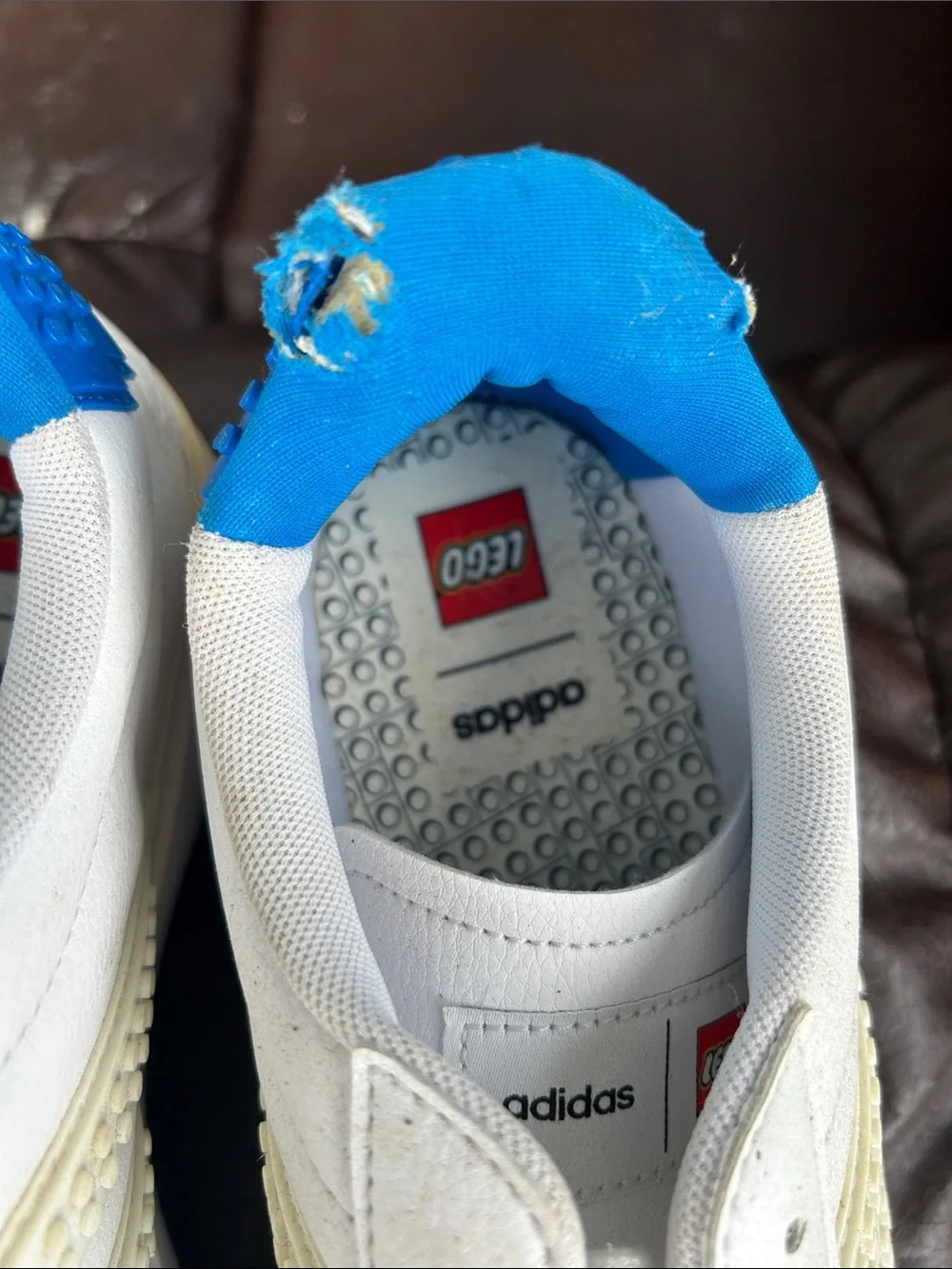 ADIDAS Men’s White Sneakers with Bright Blue LEGOS….. LEGO WORLD!!!!
